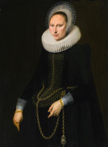 Portrait of a Woman, three quarter length, wearing an elaborate lace ruff, cap and cuffs by 
																	Cornelis van der Voort