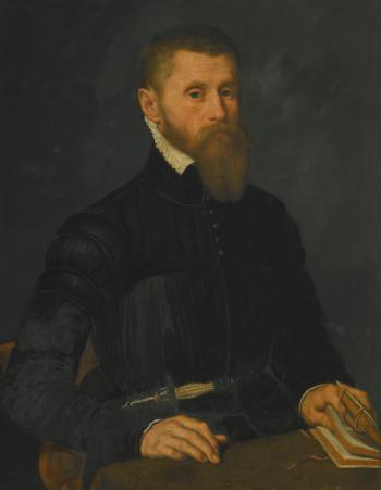 Portrait of a bearded Man, half-length, sitting at a table and holding an open book, with a dagger at his waist by 
																	Nicolas Neufchatel