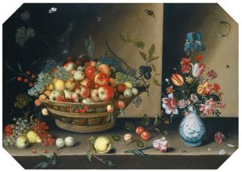 Still Life of Apples, Pears, Peaches and Plums with Grapes and Walnuts in a Wicker Basket, together with Flowers, including Tulips, Irises and Carnations in a Blue and White Vase upon a Table Top by 
																	Joannes Baers