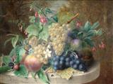 Still Life with Grapes, Peaches and Blackberries on a Stone Table, woodland in the background by 
																	Adele l'Allemand