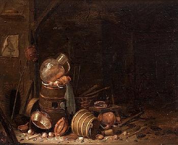 Kitcheninterior with a Barrel, Basket and Onions by 
																			Dirck Wyntrack
