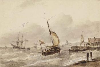 Ships at the harbour entrance of a Dutch town by 
																	Antonie Waldorp