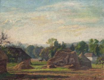 Un paysage de foin en face d'une ferme by 
																	Charles Agard