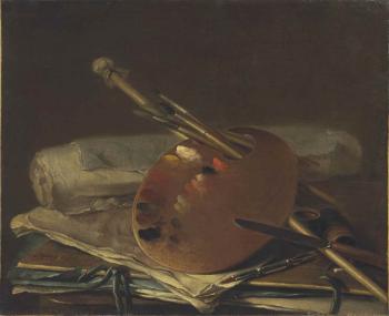 An artist's palette with brushes, a mahl stick, a knife, papers and portfolios by 
																	Nicolas Henry Jeaurat de Bertry