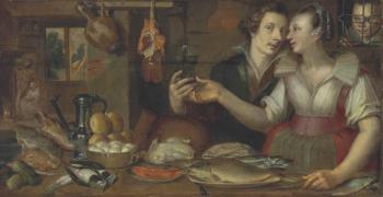 A kitchen interior with a maid and a young man by 
																	Cornelisz Engelbrechtsz