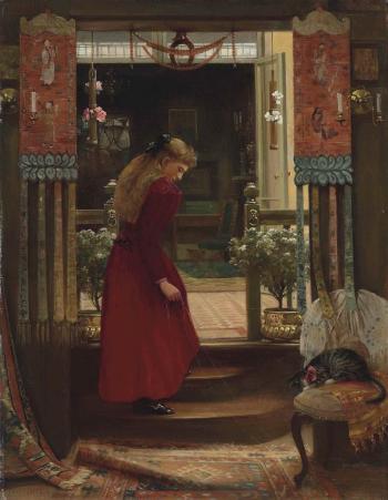 A girl playing with a cat in an interior by 
																	Edward Henry Fahey
