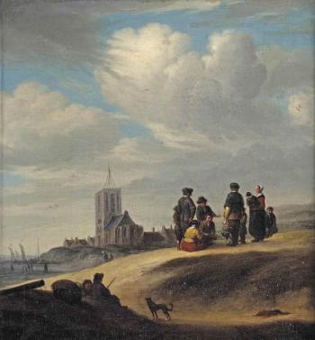 A group of figures conversing on a beach before a village by 
																	Jacob Esselens