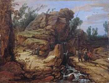 A rocky, mountainous landscape with figures conversing near a waterfall by 
																	Lucas Achtschellinck
