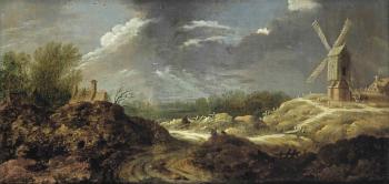 A dune landscape with figures resting on a sandy path, a windmill to the right by 
																	Jan Ruijscher