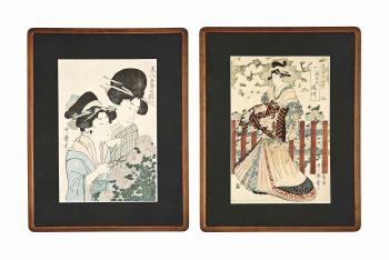 1: Two women trimming chrysanthemums; 2: The courtesan Takigawa of the Ogiya by 
																	Kitigawa Utamaro II