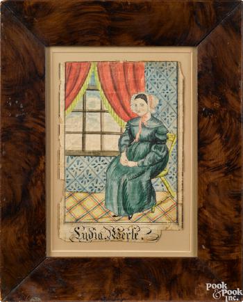 Portrait of Lydia Berle seated in a yellow windsor side chair next to a window with red drapes by 
																	 Reading Artist