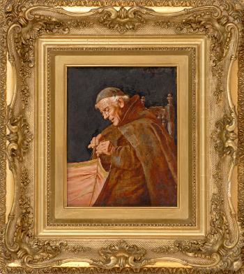 Portrait of a monk mending by 
																			Arnaldo Tamburini