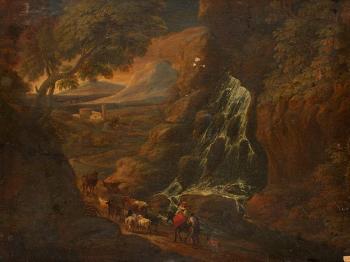 Couple de paysans conduisant leur troupeau près d’une cascade by 
																	Philip Augustyn Immenraedt