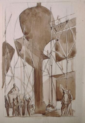 Figures Working in a Construction Site by 
																	Paul Nash