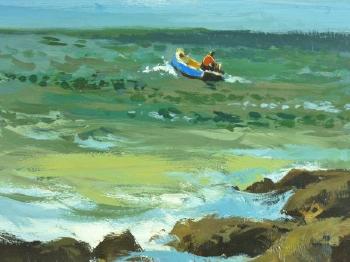 Rocky Coastalscape with Man in Boat by 
																	Donald McIntyre