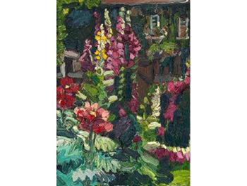 Opium Poppies, Foxgloves, Sparrows feeding in the background by 
																	George Rowlett