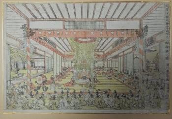 Vue en perspective de la danse sacrée Kagura au temple d’Ise by 
																	Toyoharu Utagawa