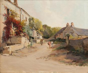 Rue de village animée by 
																	Ferdinand Troupeau