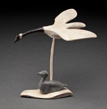 Flying goose and seated bird by 
																			Jacob Irkok