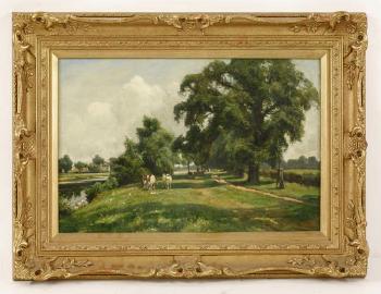 A river landscape with cattle beneath trees by 
																			Arthur W Redgate