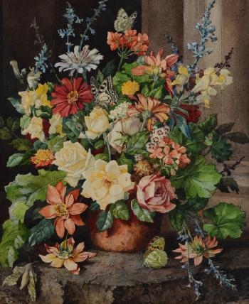 Still life with butterfly and flowers in a pot by 
																			Andrey Avinoff