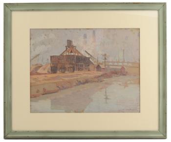 Factory scene, industrial waterfront by 
																			Arthur Franklyn Musgrave