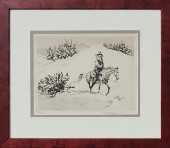 Bringing home the Christmas tree a cowboy on horseback dragging a fresh cut tree through the snow by 
																			Reinhold H Palenske