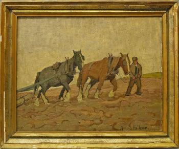 Farmer with two draft horses in a field by 
																	Anne L Falkner