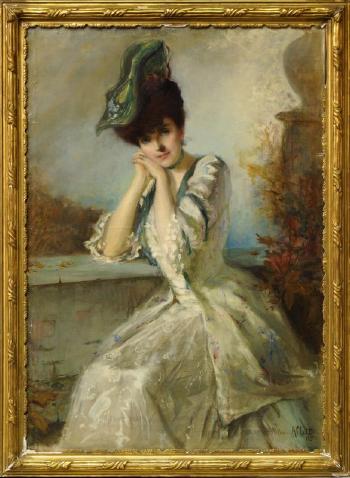 Portrait of a lady seated three-quarter length on a terrace by 
																	William Albert Ablett