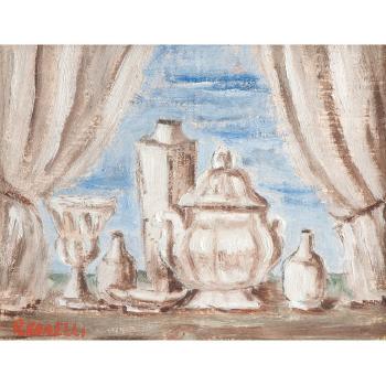 Stillleben mit Kanne, Glas, Vase und Flaschen vor geöffnetem Fenster by 
																	Piero Redaelli