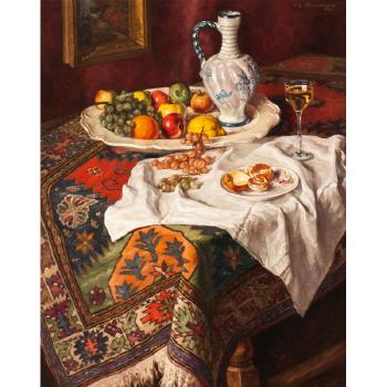 Stillleben mit verschiedenen Früchten, einer Keramikkanne, einem Weinglas und einem Orientteppich, arrangiert auf einem Tisch by 
																	Wilhelm Hanemann