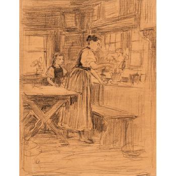 Kücheninterieur mit Mutter und Tochter am Herd by 
																	Wilhelm Gustav Friederich Hasemann