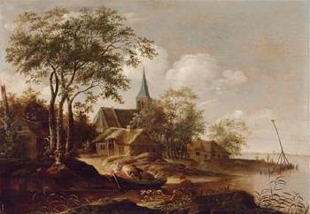 A River landscape with a village Church near a River and a Ferry by 
																	J Op't Wat