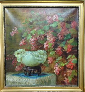A still life of a flowering currant and a Chinese jade dragon-handled vase by 
																			 Princess Victoria Melita