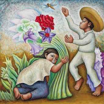 Niño y Niña Con Flores by 
																	Jesus Ortiz Tajonar
