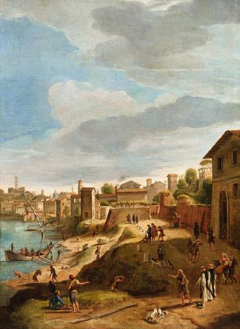 View of the Harbour at Ripa Grande; View of the Strada di Marmorata at Ripa Grande by 
																			Gaspar van Wittel