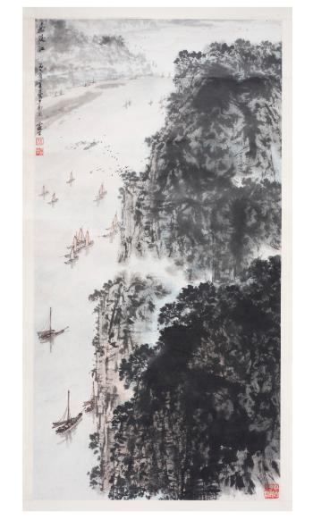 Landscape of Jialingjiang with boats by 
																	 Wu Linsheng