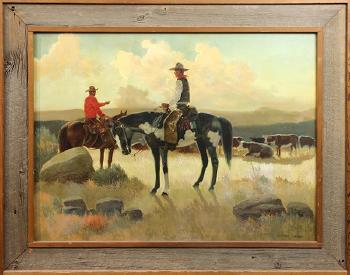 Cowboys with cattle at sunset by 
																			Charles Damrow