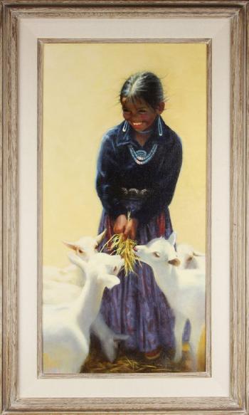 Native American girl feeding lambs by 
																			Edward Runci