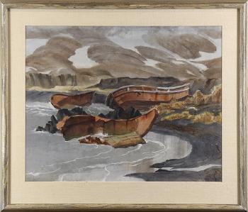 Japanese Landing Barge on the Shore of Attu (Aleutians) by 
																			Louis Macouillard