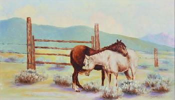 Two horses in a sage corral by 
																			Benoni Irwin