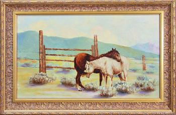 Two horses in a sage corral by 
																			Benoni Irwin