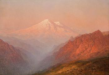 Sunrise with distant snow capped mountain at sunset by 
																			Ilia Nikolaevich Zankovskii