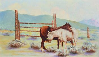 Two Horses in a Sage Corral by 
																			Benoni Irwin