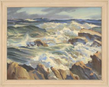 Waves crashing on a rocky coast by 
																	McIvor Reddie