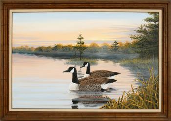 Canada geese at sunset by 
																			James W Maddocks