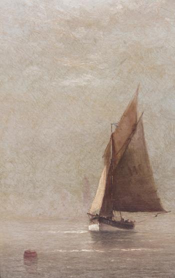 A ship sailing out from the mist by 
																			William Formby Halsall