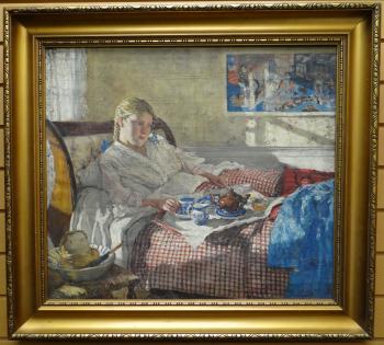 Young lady in night-dress reclining in bed with breakfast tray by 
																	Fairlie Harmar