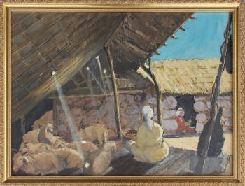 Moroccan Village Scene with Shepherd and Sheep by 
																			Armand Cultrera de Montalbano