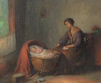 Interior Scene with Young Mother Rocking Child to Sleep in a Cradle by 
																			Charles Waltensperger